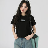 下集シリーズ｜英字ロゴ入り 正肩 半袖Tシャツ｜短め丈 コットン ベージュ/ブラック/ホワイト/グレー S〜XL
