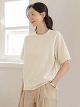 左品シリーズ｜コットン100% クルーネック半袖Tシャツ｜折り返し袖 ゆったり クリーム・ピンク M〜XL