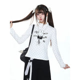 MJMTシリーズ｜うさぎプリント ハイネック 長袖Tシャツ 水玉 ホワイト/ブラック S/M/L パンツ単品あり