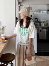 左品シリーズ｜WONDERFUL DAY・ハートロゴ プリント 半袖Tシャツ｜連肩袖 ゆったり コットン100% 全8柄 M〜XL