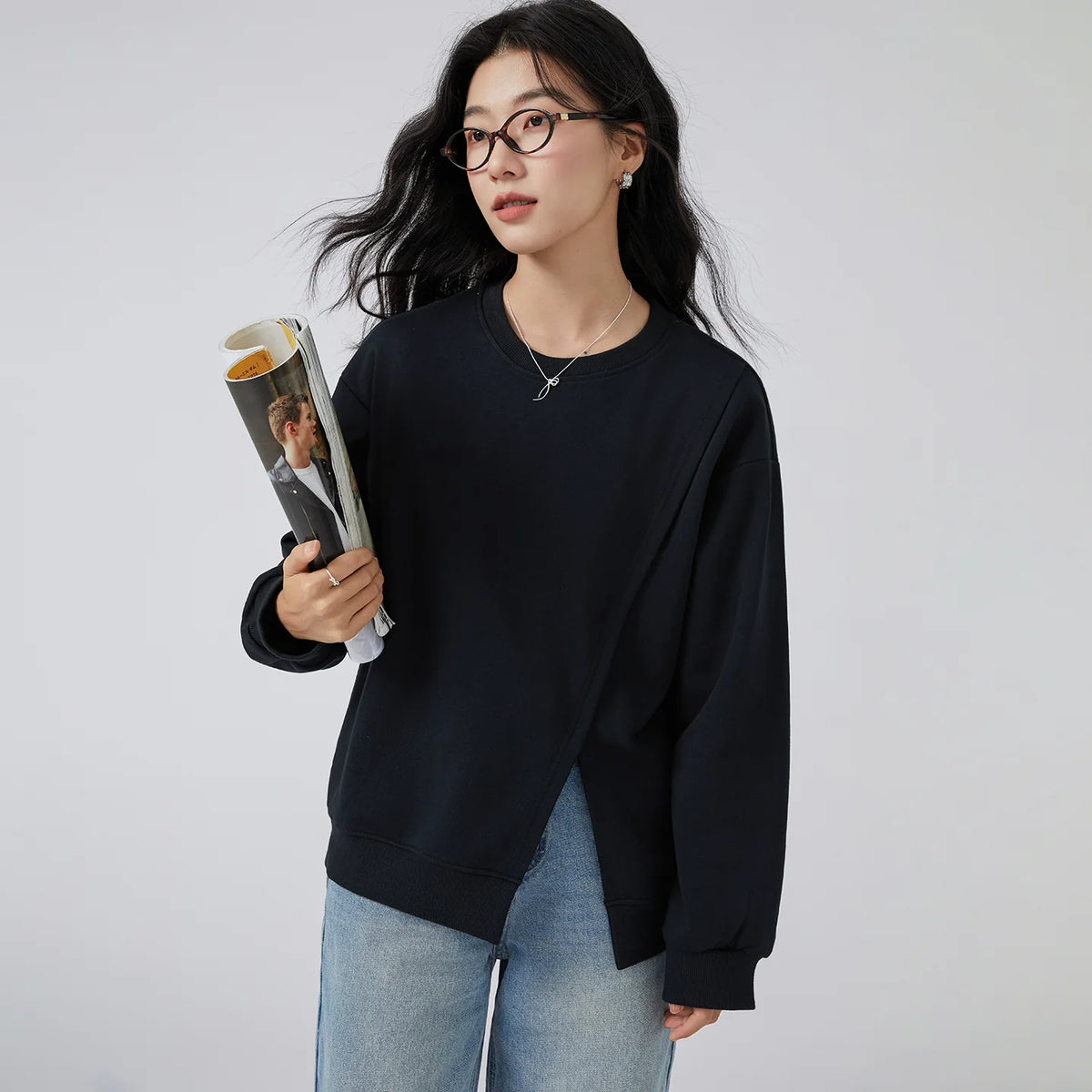 下集シリーズ｜クルーネック スウェット｜裾スリット ゆったり 薄手 ブラック他4色 S〜XL