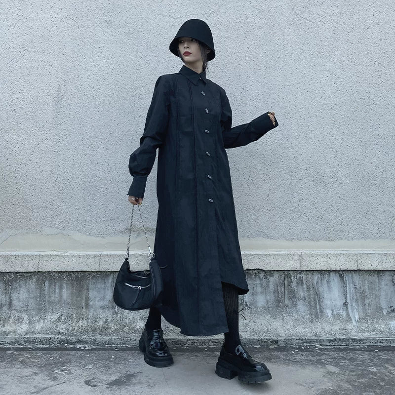 GUYIシリーズ｜アシンメトリー 長袖シャツワンピース｜シングルボタン タック入り ブラック フリーサイズ