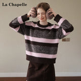 LaCシリーズ｜ピンク×コーヒーのボーダー ニットプルオーバー｜クルーネック ゆったり 厚手 S〜L