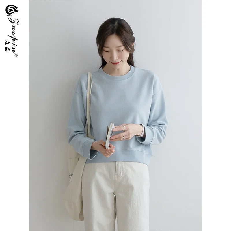 左品シリーズ｜コットン クルーネック 長袖トップス｜ゆったり ショート丈 ライトブルー他 全2色 M〜XL