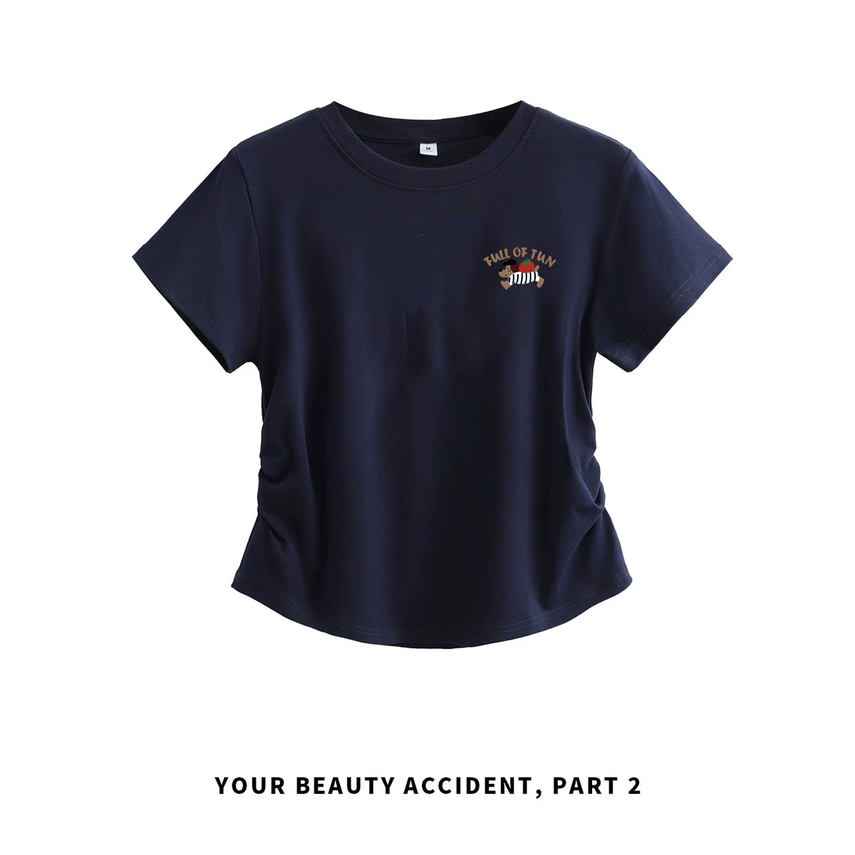 下集シリーズ｜ワンポイント刺繍 サイドシャーリング 半袖Tシャツ｜正肩 短め丈 2カラー S〜XL