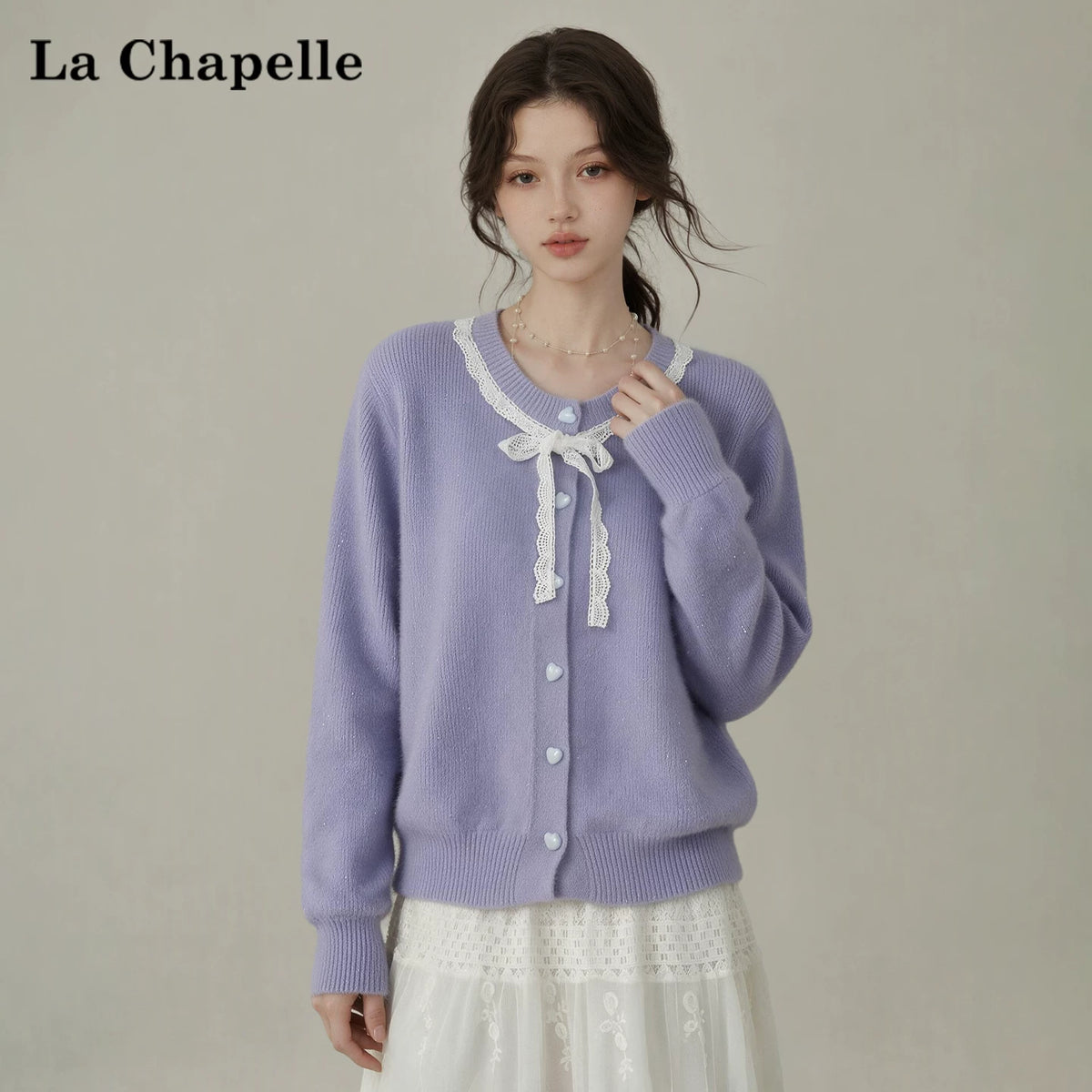 LaCシリーズ｜リボンレース ハートボタン クルーネックカーディガン｜ブルーパープル ゆったり 微伸縮 S〜L
