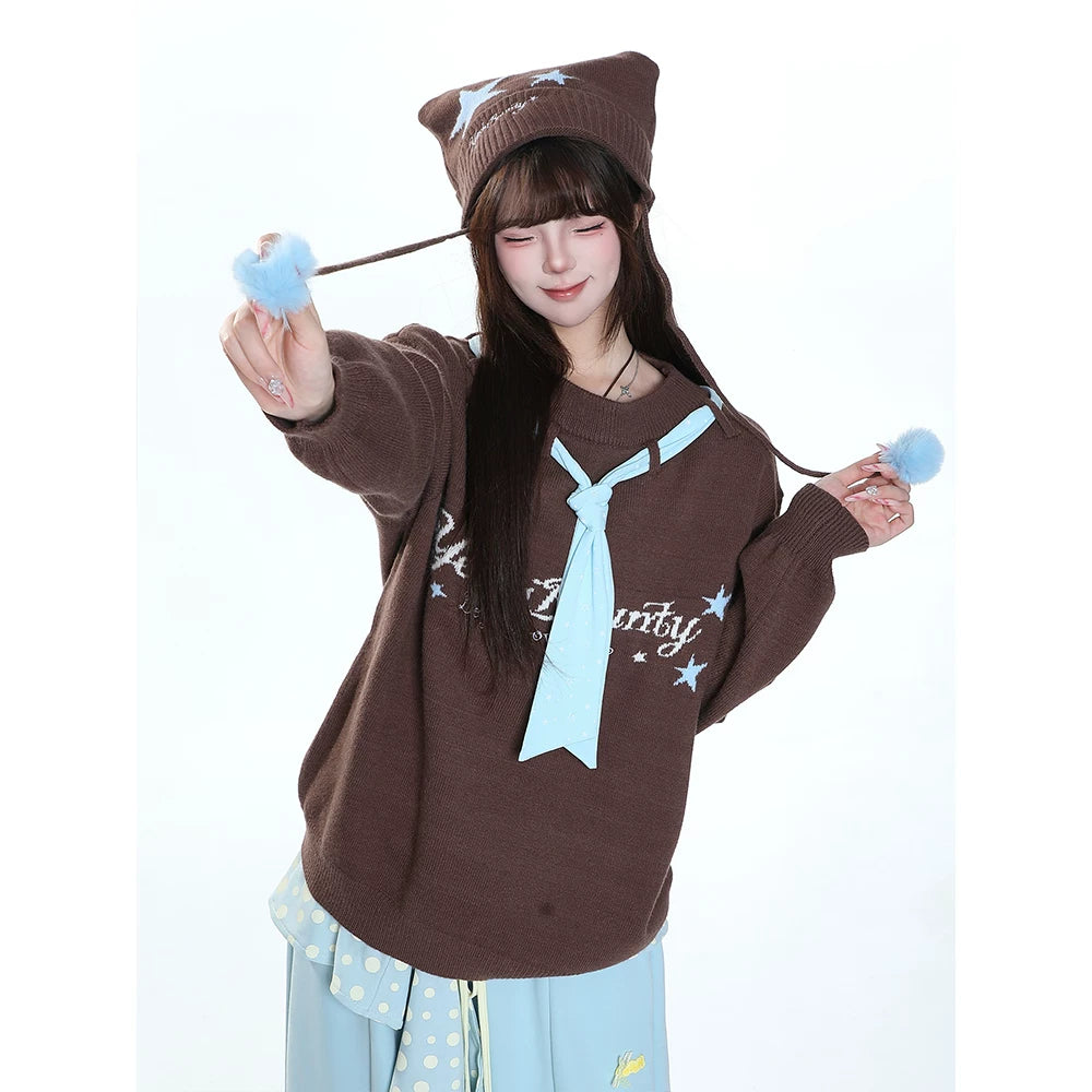 MJMTシリーズ｜ブラウン スタータイ付き ロゴ刺繍風 プルオーバーニット 秋冬 ゆったり S/M/L