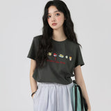 下集シリーズ｜フルーツ刺繍 半袖Tシャツ｜正肩 ゆったり グレー/ホワイト S〜XL