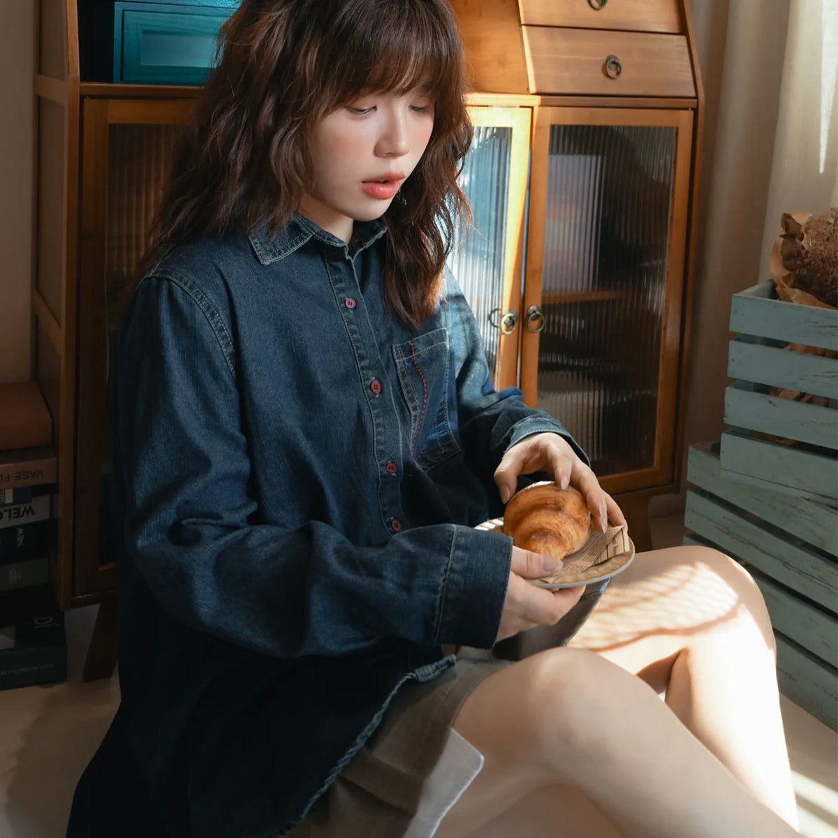 陽光蘿莎シリーズ｜デニム 長袖シャツ｜ゆったり ロング丈 ダークブルー S〜XL
