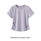 下集シリーズ｜サイドシャーリング 半袖Tシャツ｜リブ編み 短め丈 スリム ホワイト/パープル/ベージュ/ライトグレーブルー S〜XL