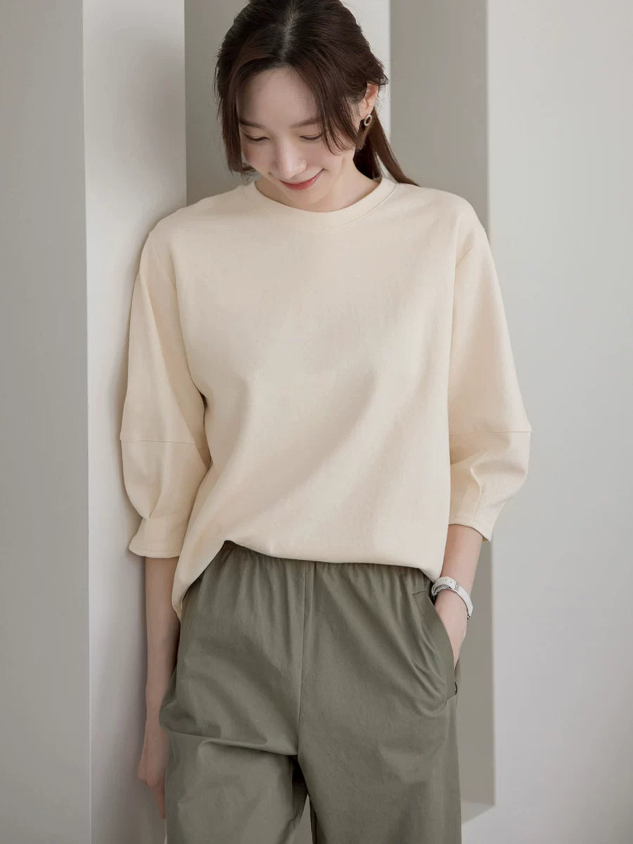 左品シリーズ｜コットン ドロップショルダー 七分袖Tシャツ｜ゆったり クリーム・ライムグリーン・ブラウン M〜XL