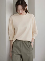 左品シリーズ｜コットン ドロップショルダー 七分袖Tシャツ｜ゆったり クリーム・ライムグリーン・ブラウン M〜XL