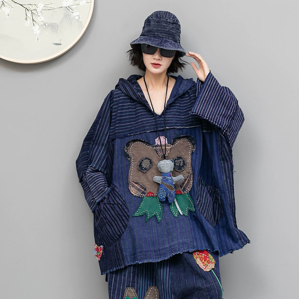 格林曼シリーズ｜老布パッチワーク パンツセットアップ｜動物の貼り布 手刺繍 フード付きトップス＋ワイドパンツ 秋 フリー