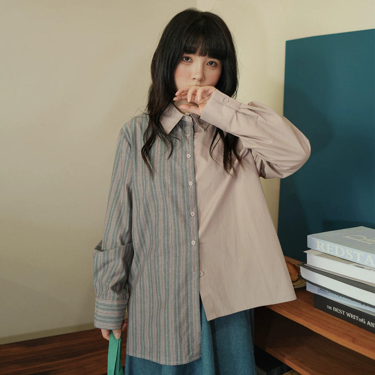 陽光蘿莎シリーズ｜コットン100% 切り替え ストライプ 長袖シャツ｜アシンメトリー ゆったり モーヴ S〜XL