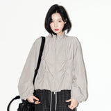万有引力シリーズ｜スタンドカラー ギャザー ショートジャケット｜ゆったり ジップアップ ブラック／グレー M・L