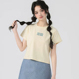 下集シリーズ｜英字ロゴ入り 正肩 半袖Tシャツ｜短め丈 コットン ホワイト/ブラック/ベージュ/ヘザーグレー S〜XL