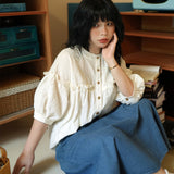 陽光蘿莎シリーズ｜フリル切り替え コットンブラウス｜ふんわり袖 ゆったり ベージュ 長袖・半袖 S〜XL