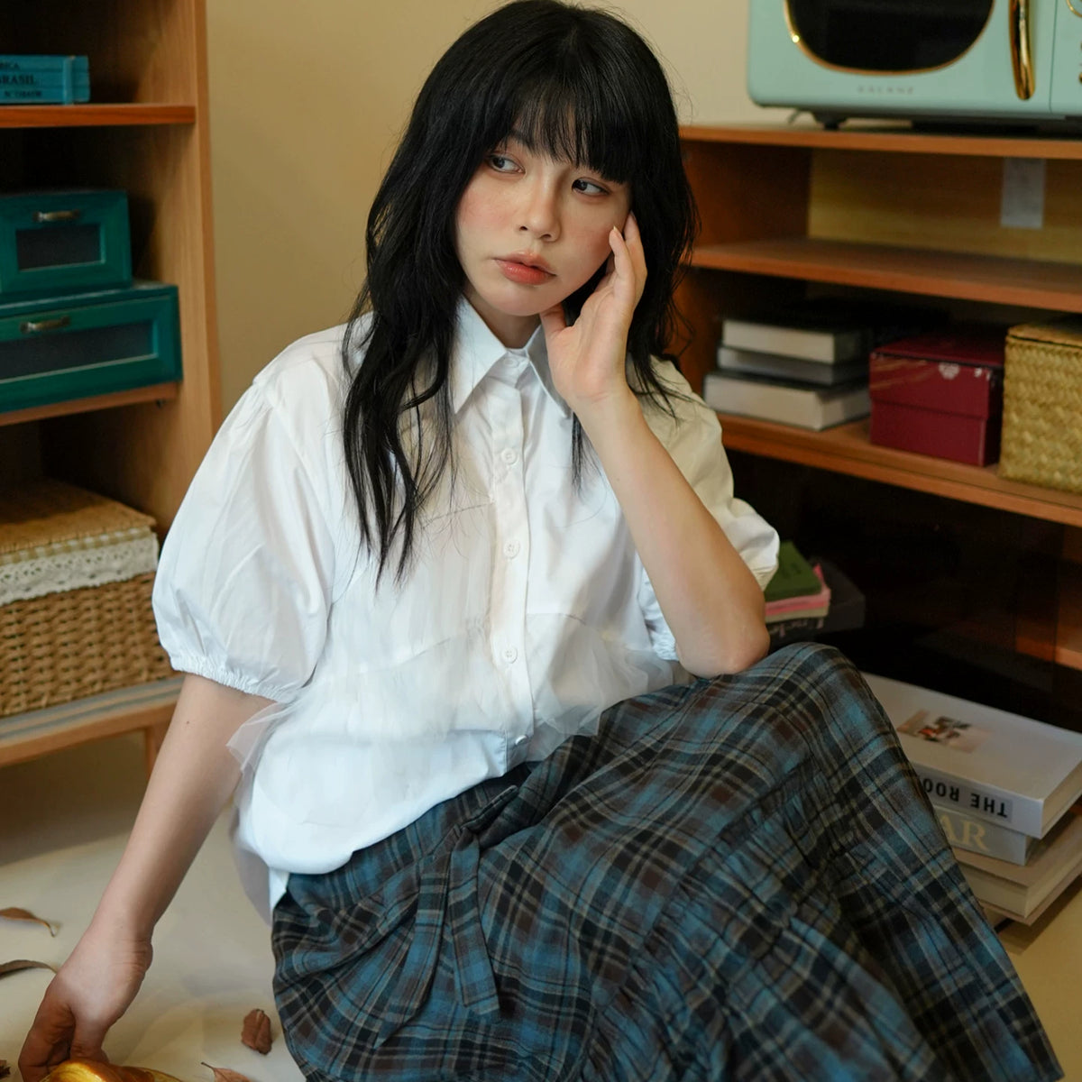 陽光蘿莎シリーズ｜コットン パフスリーブ 半袖シャツ｜チュール重ね ゆったり ホワイト S〜XL