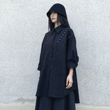 GUYIシリーズ｜ショルダーアクセント ロングシャツ｜裾ラウンド ゆったり ブラック フリーサイズ
