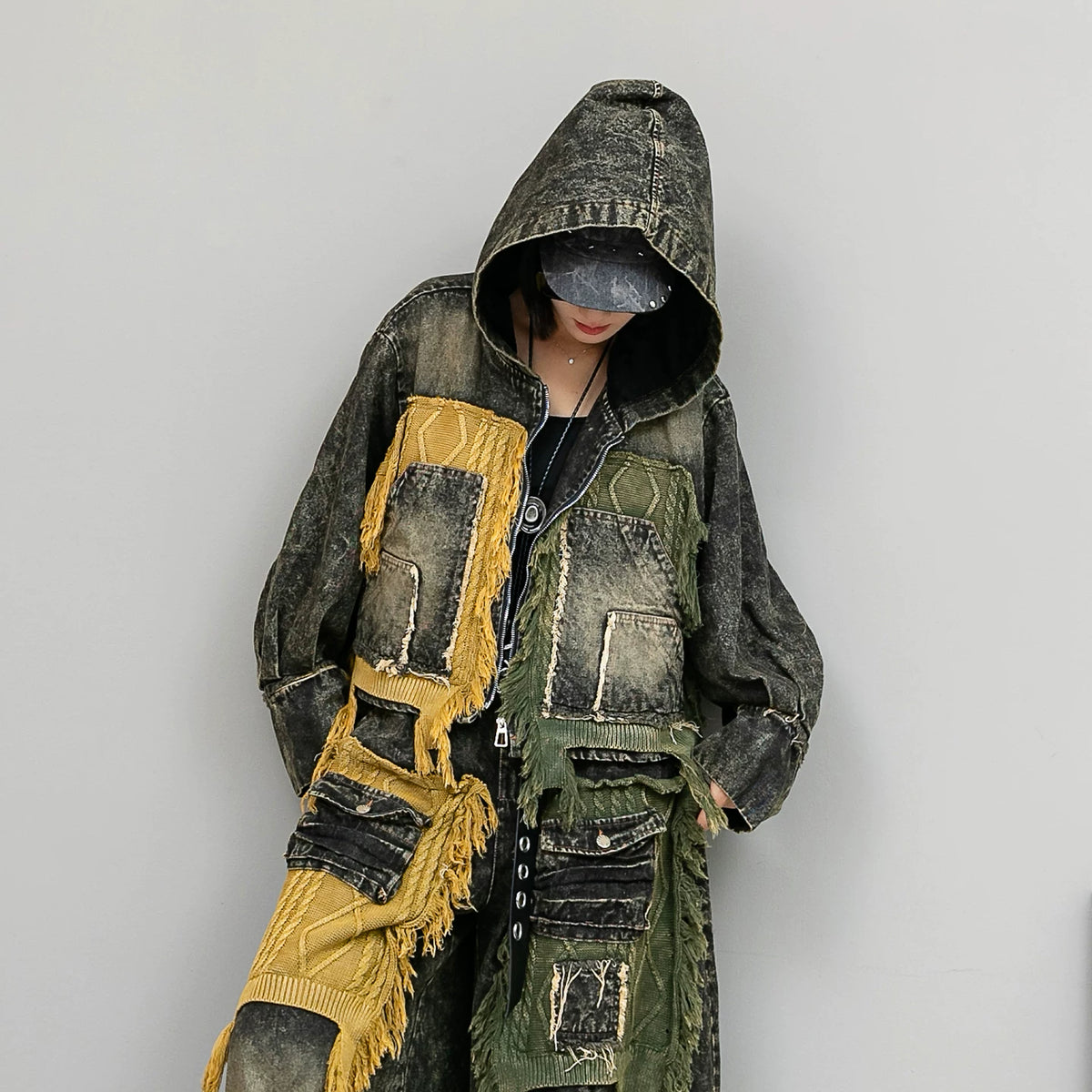 格林曼シリーズ｜デニム×ニット切り替え パンツセットアップ｜裏起毛フードジャケット＋ワイドパンツ ウォッシュ加工 秋冬 M・L
