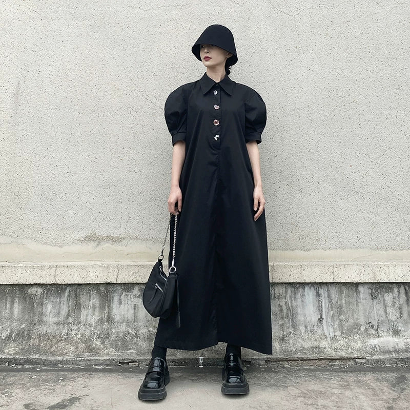 GUYIシリーズ｜ボリュームパフスリーブ ロングシャツワンピース｜カラフルボタン ゆったり ブラック フリーサイズ