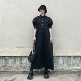 GUYIシリーズ｜ボリュームパフスリーブ ロングシャツワンピース｜カラフルボタン ゆったり ブラック フリーサイズ