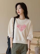 左品シリーズ｜コットン 中袖Tシャツ｜ショート丈 ゆったり クリーム 全9柄 M〜XL