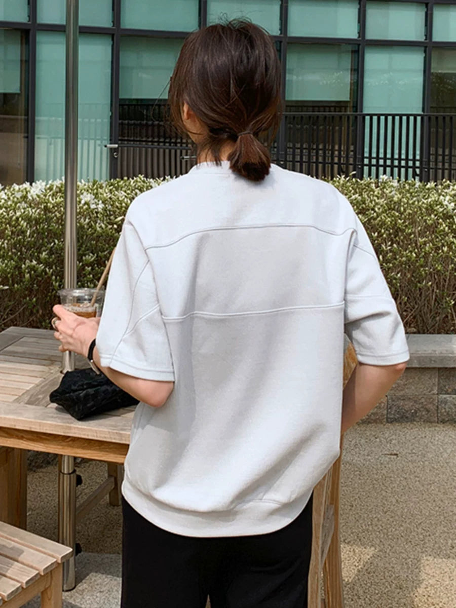 左品シリーズ｜コットン Vネック半袖Tシャツ｜ヨーク切り替え ゆったり ライトグレー・クリーム・ネイビー M〜XL