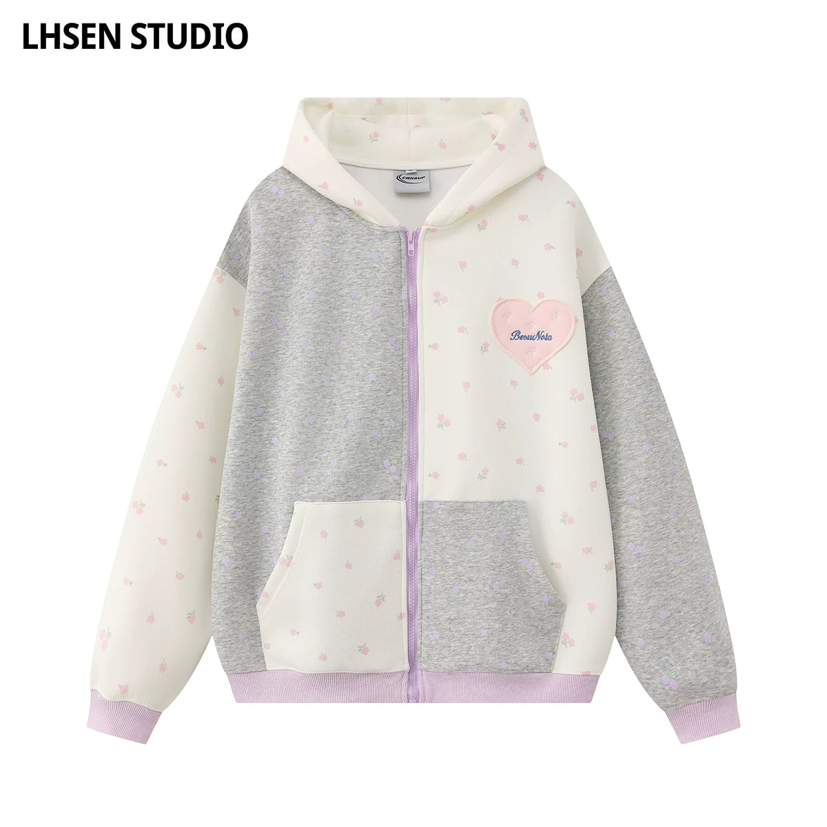 LHSENシリーズ｜小花柄 切り替え ジップパーカー｜ハート刺繍パッチ ゆったり グレー・ネイビー S〜XL