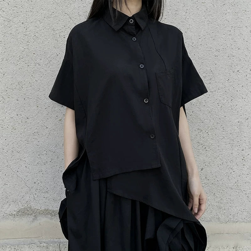 GUYIシリーズ｜アシンメトリー 半袖シャツ｜格子状の織り柄 ゆったり ブラック フリーサイズ