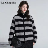 LaCシリーズ｜ボーダー ハイネック ジップニットカーディガン｜コーヒー×ベージュ・ブラック×グレー ゆったり 微伸縮 S〜L
