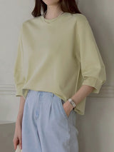 左品シリーズ｜コットン 七分袖Tシャツ｜ゆったり タック袖口 ドロップショルダー クリーム他 全3色 M〜XL