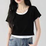 下集シリーズ｜ブラック フェイクレイヤード 半袖Tシャツ｜正肩 ショート丈 ネイビー/ブラック/ホワイト/イエロー S〜XL