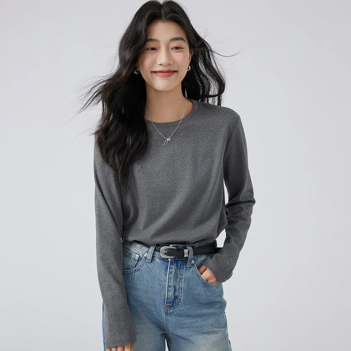 下集シリーズ｜ダークグレー ショート丈 長袖Tシャツ｜薄手 インナー向け 綿混 6カラー S〜XL