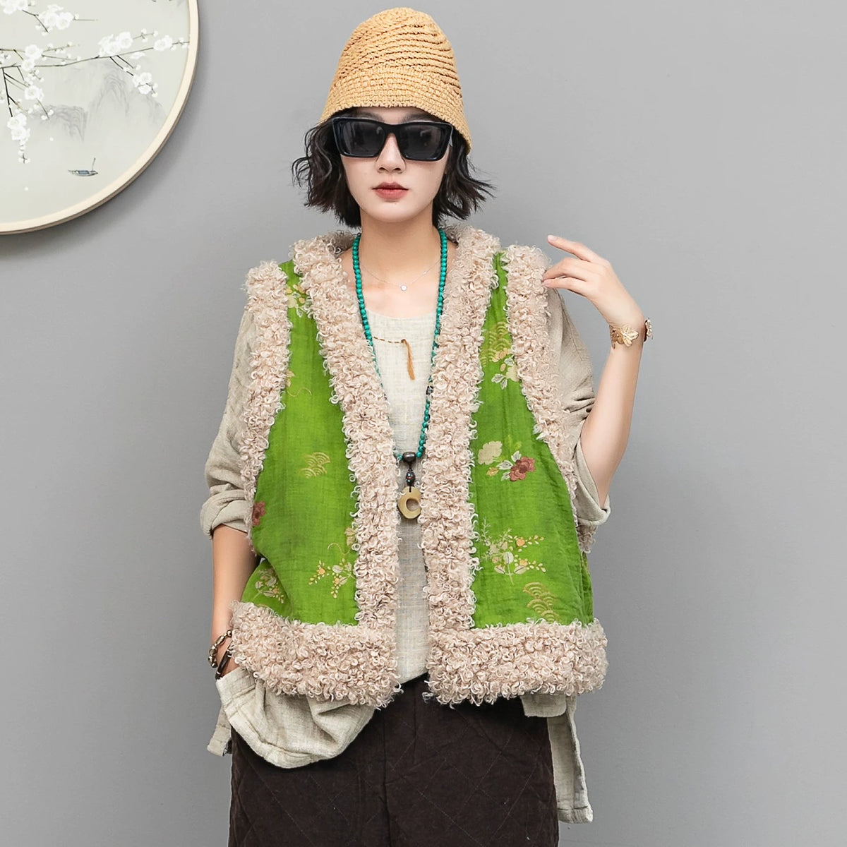 格林曼シリーズ｜花柄 中綿入りベスト＋八分丈パンツ セットアップ｜グリーン ボア調 コーデュロイ 冬 フリー