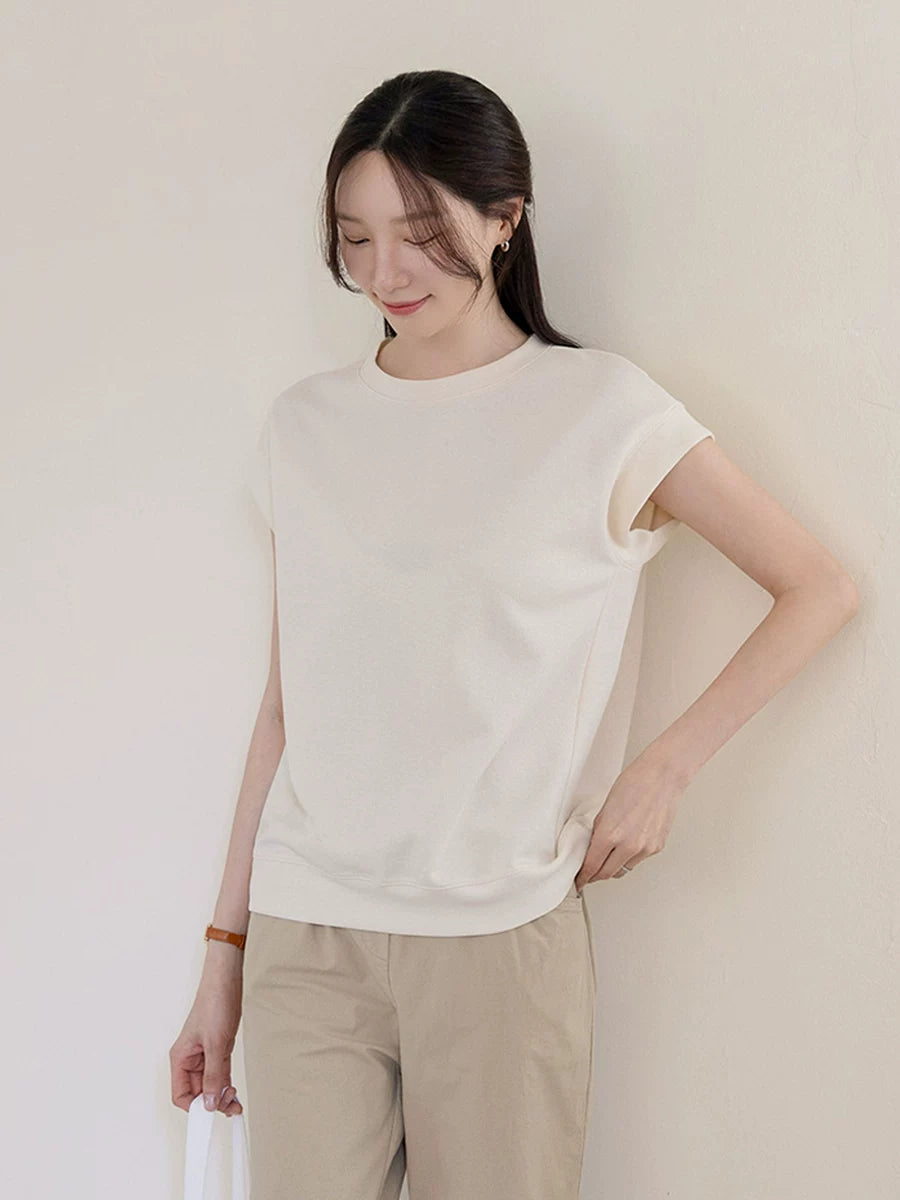 左品シリーズ｜コットン100% フレンチスリーブ 裾リブ Tシャツ｜ゆったり ライトブルー・クリーム M〜XL