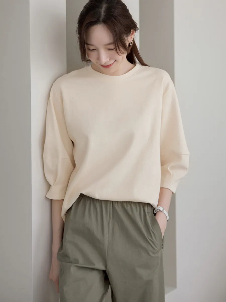 左品シリーズ｜コットン 七分袖 クルーネックTシャツ｜ふんわり袖 ゆったり ブラウン・クリーム・ライトライム M〜XL