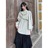 FG721シリーズ｜半高領 スカーフ風リボン付き ドレープシャツ ユニセックス ブラック・ライトグリーン S/M/L/XL