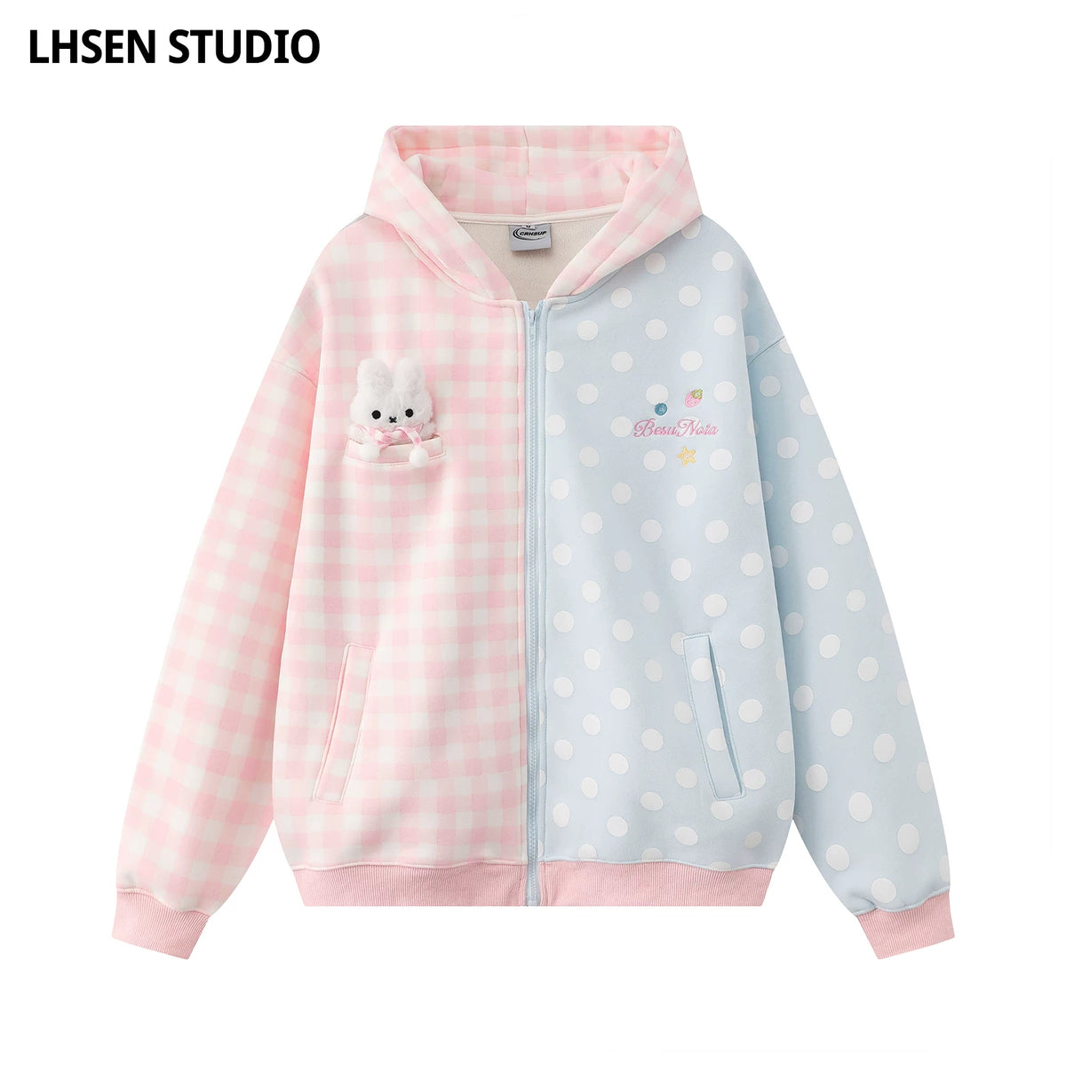 LHSENシリーズ｜うさぎパーツ付き ギンガム×ドット ジップパーカー｜裏起毛 ブルー・グレー S〜XL