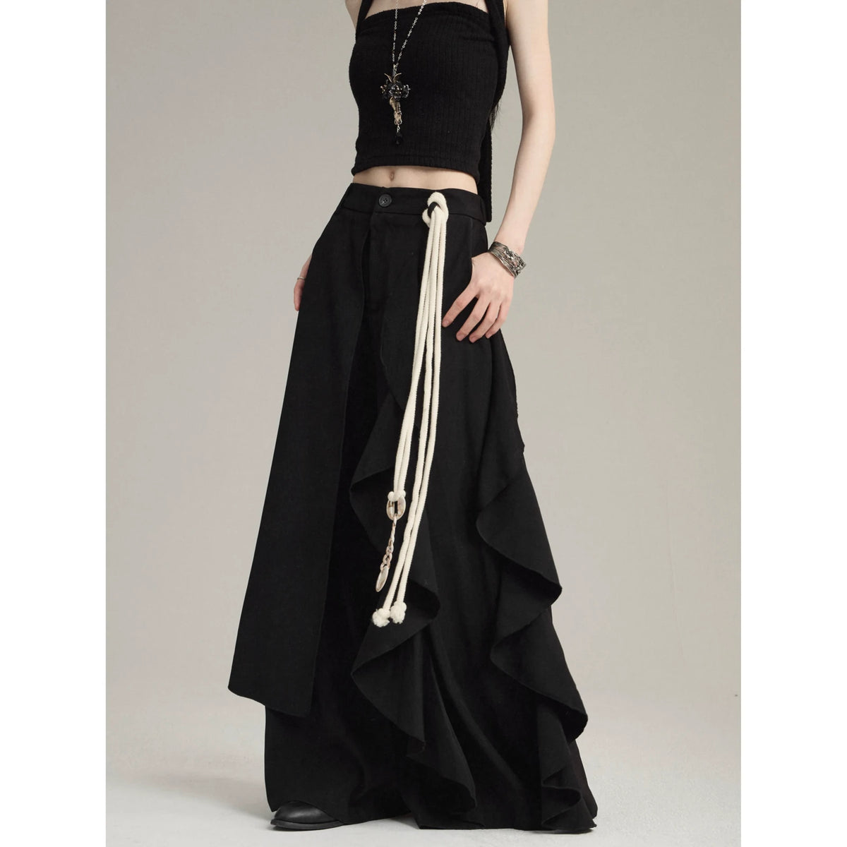 FG721シリーズ｜アシンメトリー レイヤード ワイドキュロット｜ユニセックス ブラック（ベルト付きも） S／M／L／XL