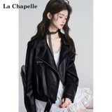 LaCシリーズ｜ビッグカラー レザー ライダースジャケット｜ジップポケット 裾ベルト ブラック ゆったり 微伸縮 S〜L