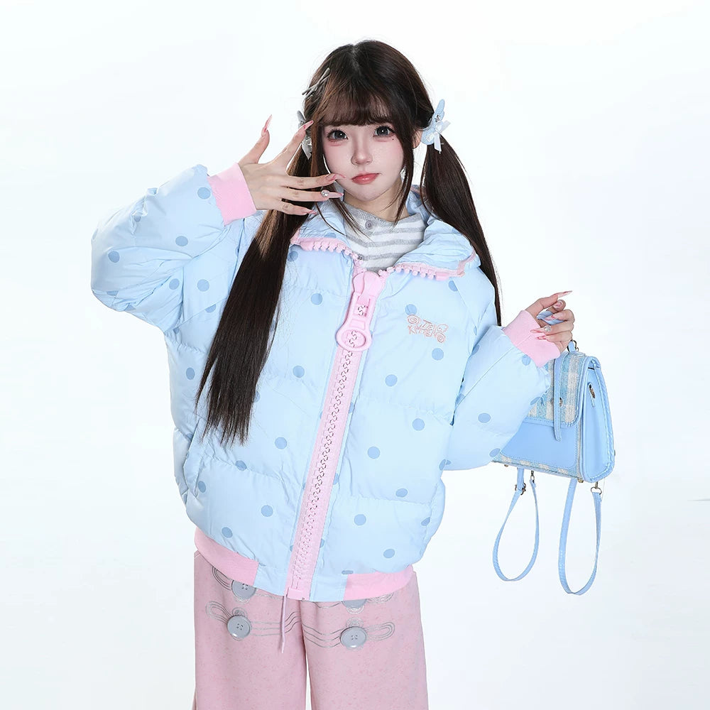 MJMTシリーズ｜ドット柄 ビッグジップ フード付き 中綿ジャケット ふんわり 厚手 冬 S/M/L/XL