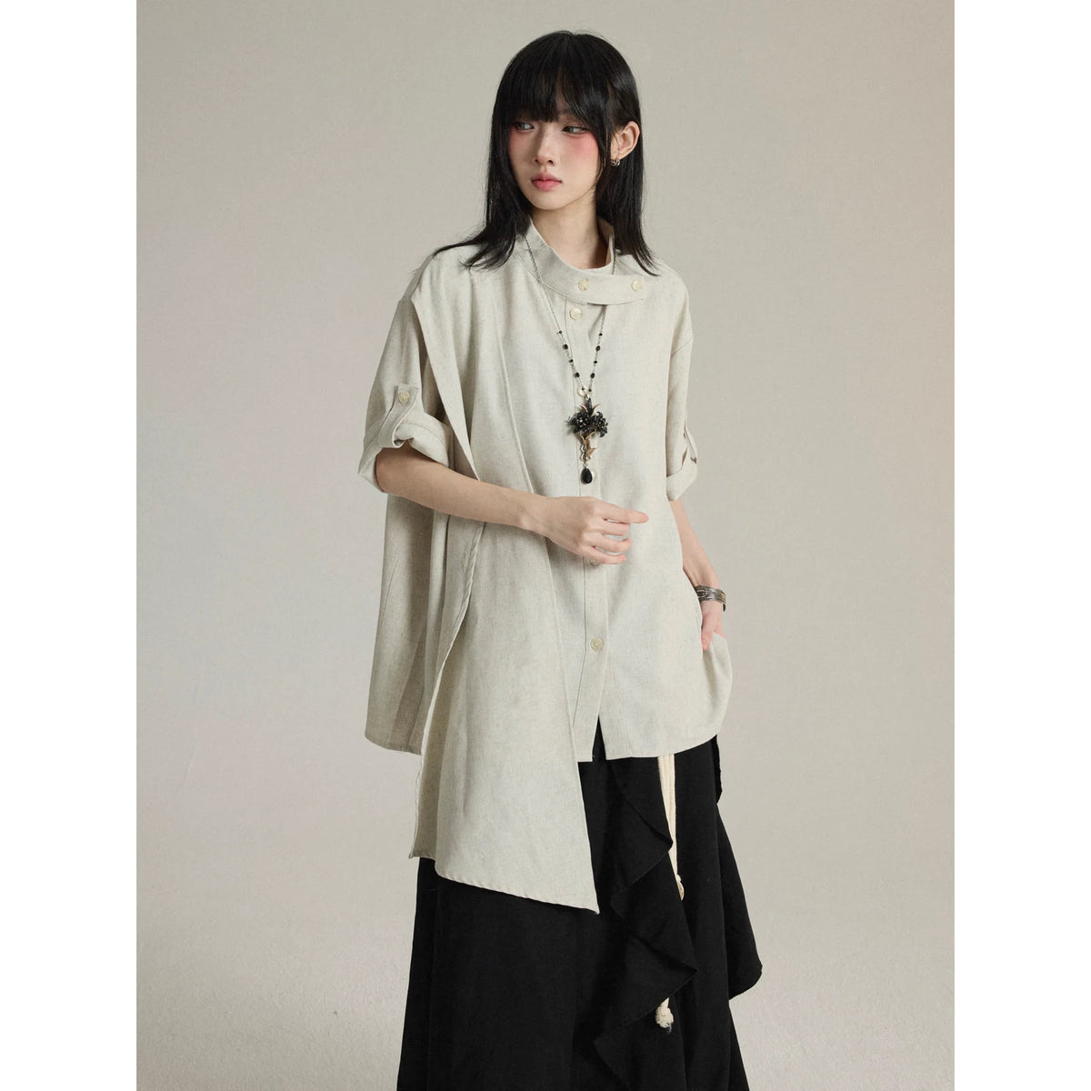 FG721シリーズ｜リボン襟 アシンメトリー 半袖シャツ｜ゆったり ユニセックス ブラック・ライトグリーン S／M／L／XL