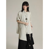 FG721シリーズ｜リボン襟 アシンメトリー 半袖シャツ｜ゆったり ユニセックス ブラック・ライトグリーン S／M／L／XL