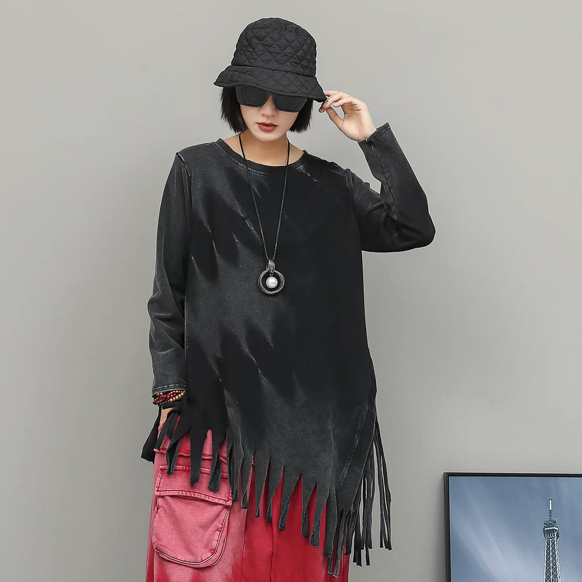 格林曼シリーズ｜グラデーション タイダイ アシンメトリーフリンジトップス＋ドロップクロッチパンツ セットアップ｜ブラック レッド 秋 フリー