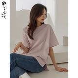 左品シリーズ｜コットン Aラインロング丈Tシャツ｜肩つなぎ半袖 サイドスリット ゆったり クリーム・ライラック・ピンク M〜XL