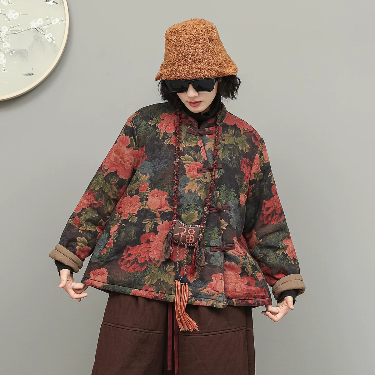 格林曼シリーズ｜中綿入り パンツセットアップ｜綿麻 花柄ジャケット＋八分丈ワイドパンツ 盘扣 秋冬 フリー