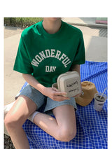 左品シリーズ｜WONDERFUL DAY アーチロゴ 半袖Tシャツ｜ゆったり コットン100% イエロー他4色 M〜XL
