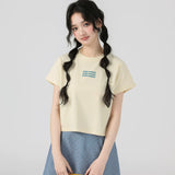 下集シリーズ｜英字ロゴ入り 正肩 半袖Tシャツ｜短め丈 コットン ベージュ/ブラック/ホワイト/グレー S〜XL