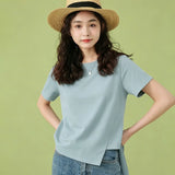 下集シリーズ｜アシンメトリーヘム 半袖Tシャツ｜ブラック 短め丈 正肩 コットン ホワイト/ピンク/グレー/ライトブルー S〜XL